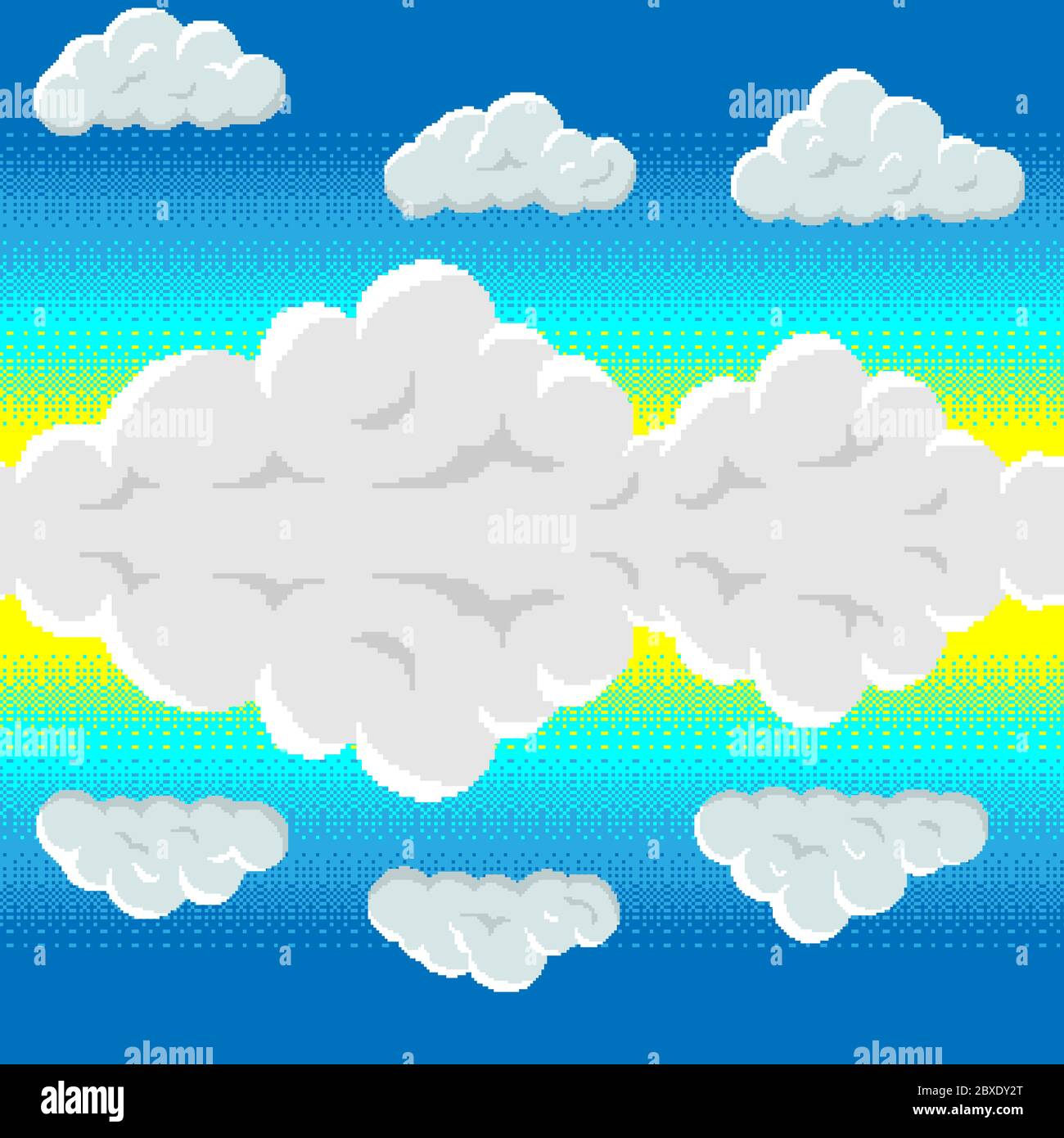 8 bit seamless pattern in retro arcade games style. Blue sky and stacked pixel clouds. Stock Vector