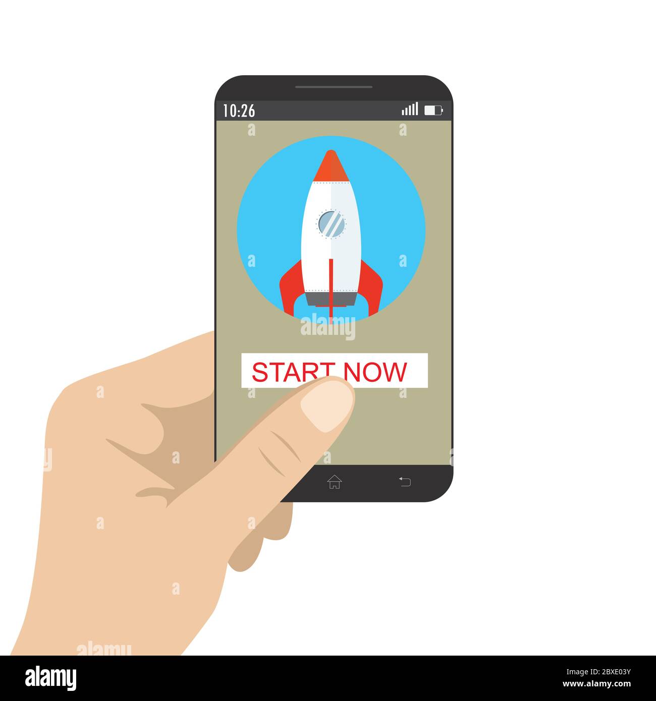 Rocket on mobile screen,Colored soaring spaceship,startup concept,flat vector illustration Stock Vector