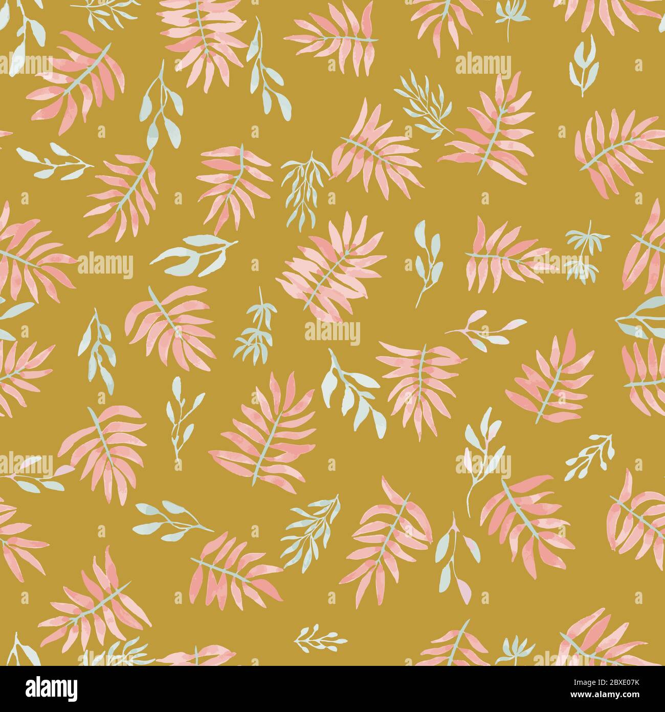 Mustard golden with pink tropical seamless pattern with leaves of plants, made in watercolor style. Botanical, environmental background with different Stock Vector