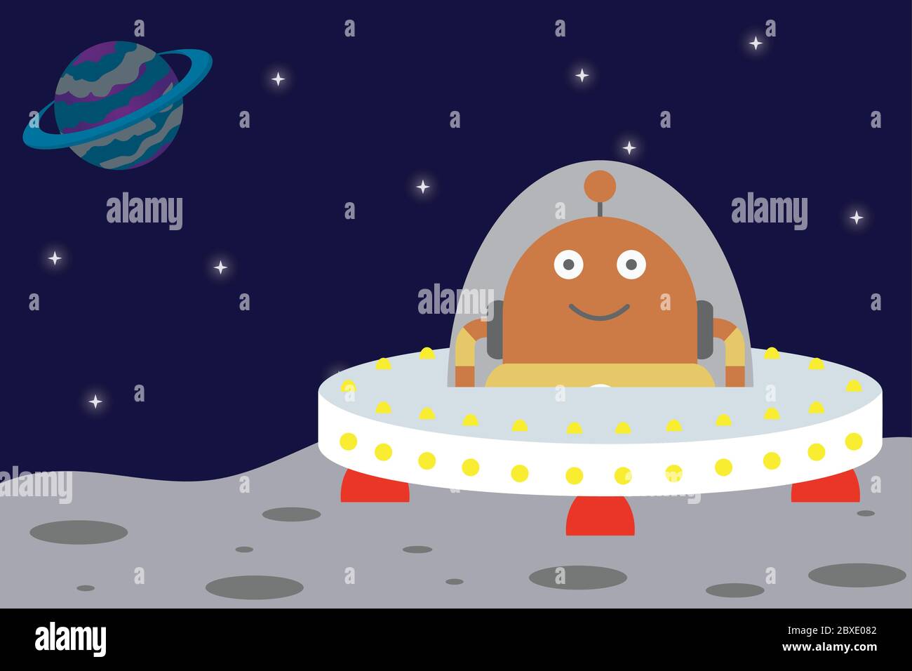 Spaceship and Astronaut UFO or robot on planet,funny and cute background,flat vector illustration. Stock Vector