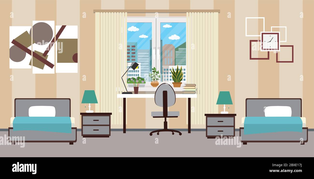 Empty Room with two beds,work place and window. Interior flat    vector illustration Stock Vector Image & Art - Alamy