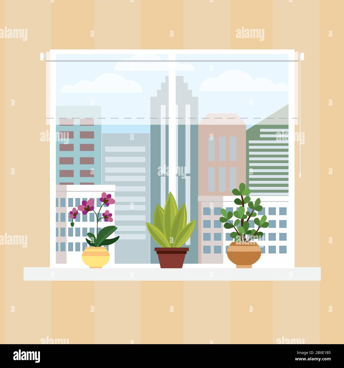 Wall of room with window,curtain and pots with flowers,cartoon vector illustration. Stock Vector