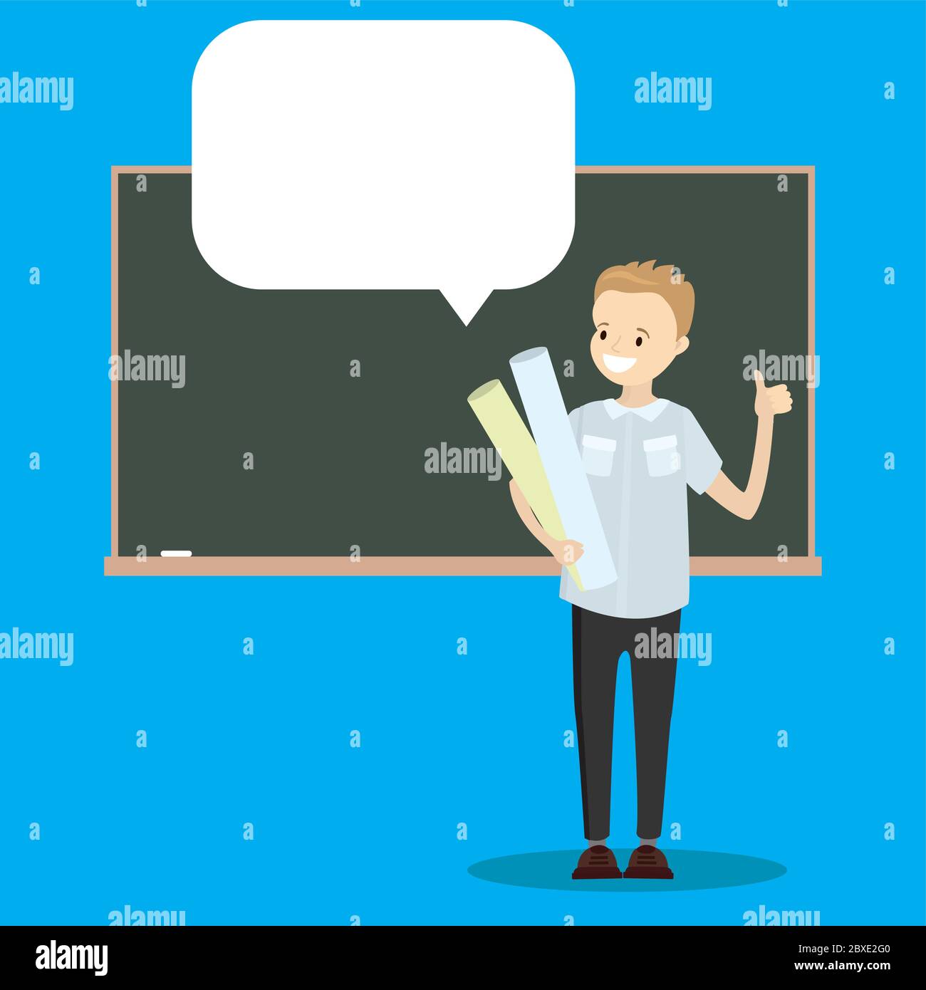 A smiling school boy is standing by the school board,empty speech bubble template, flat vector illustration Stock Vector