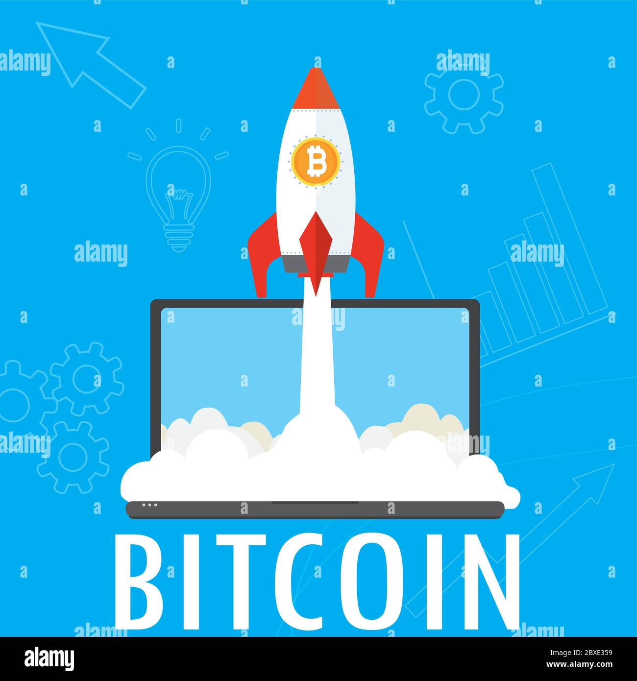 take-off rocket and laptop,bitcoin concept background,vector illustration Stock Vector