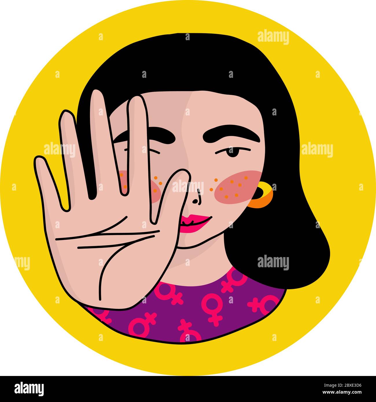 Southeast black-haired feminist girl in clothes with a women sign says stop, showing a stop gesture with her hand. Serious facial expression. Comic Stock Vector