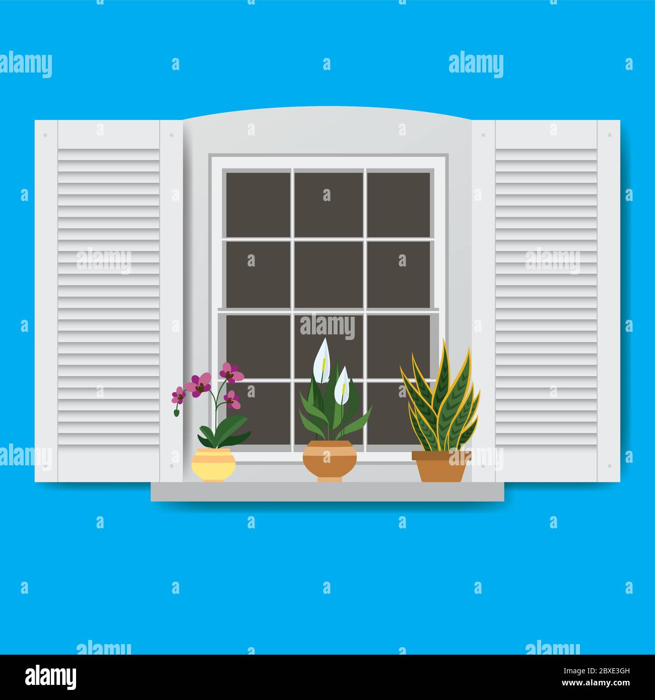 Window with flowers in pots,blue background,vector illustration Stock Vector