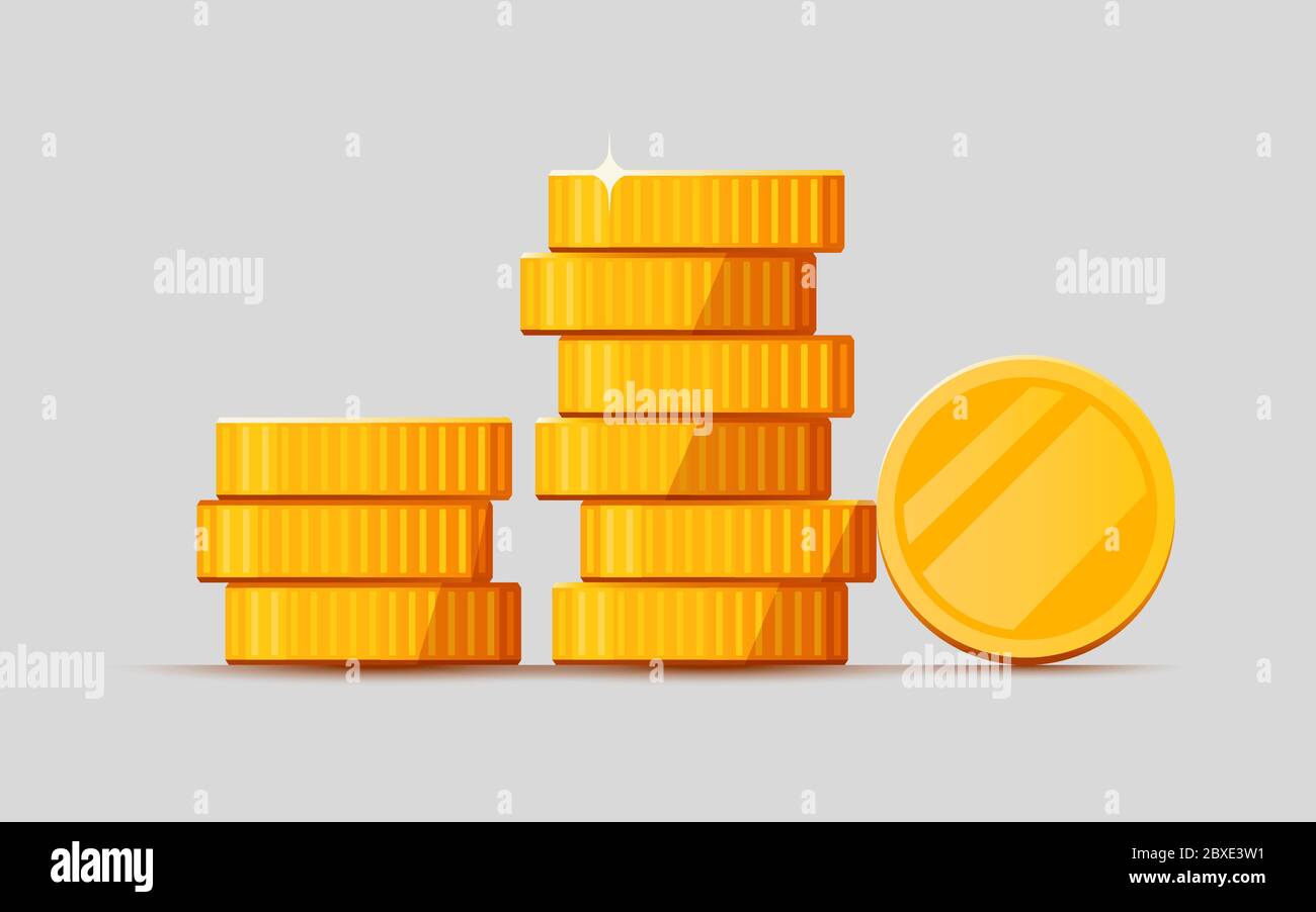 Growing stack of golden dollar coins isolated on white background