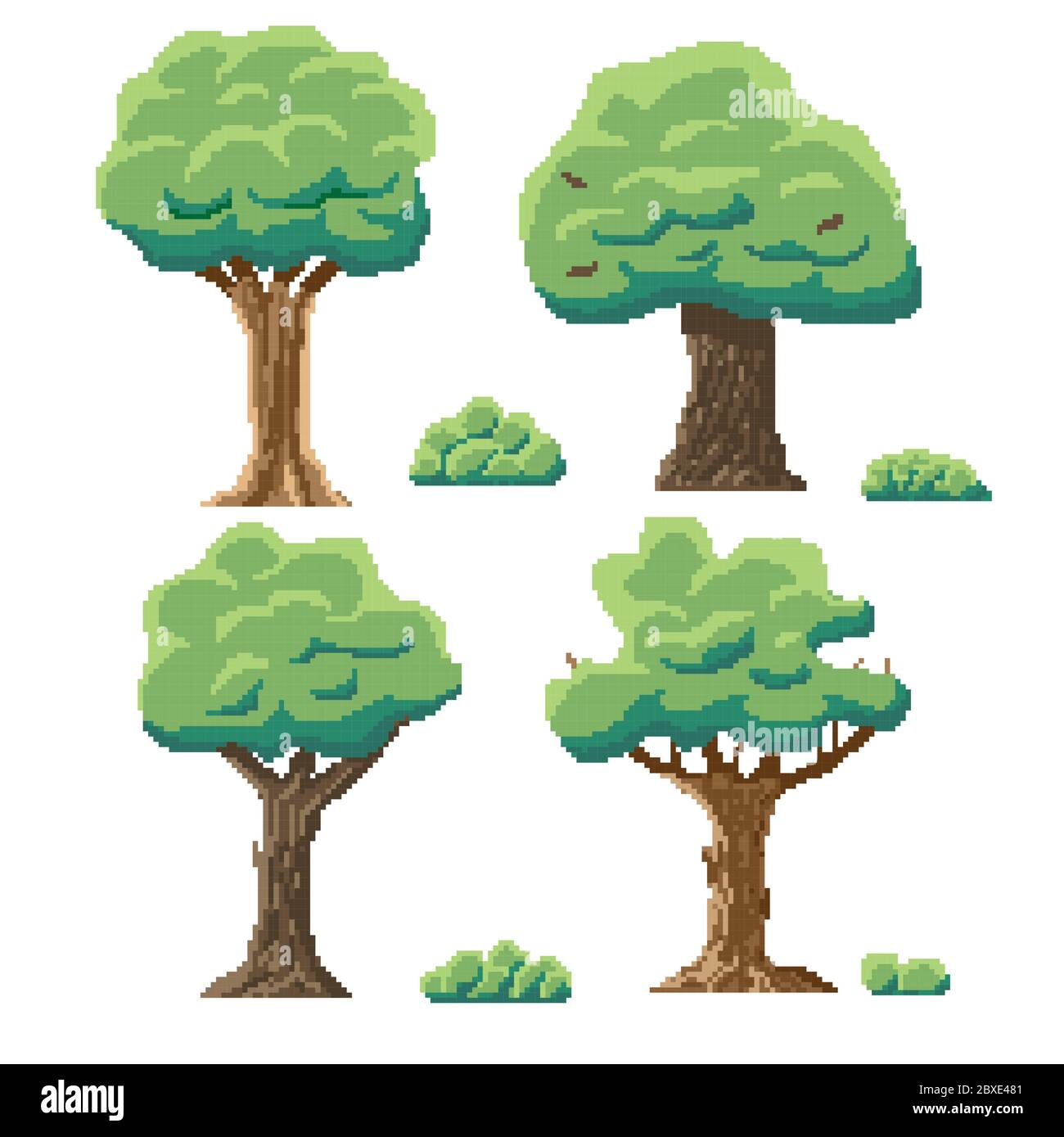 Indie-style set of green trees in an 8-bit indie arcade game. pixel art trees and shrubs Stock Vector