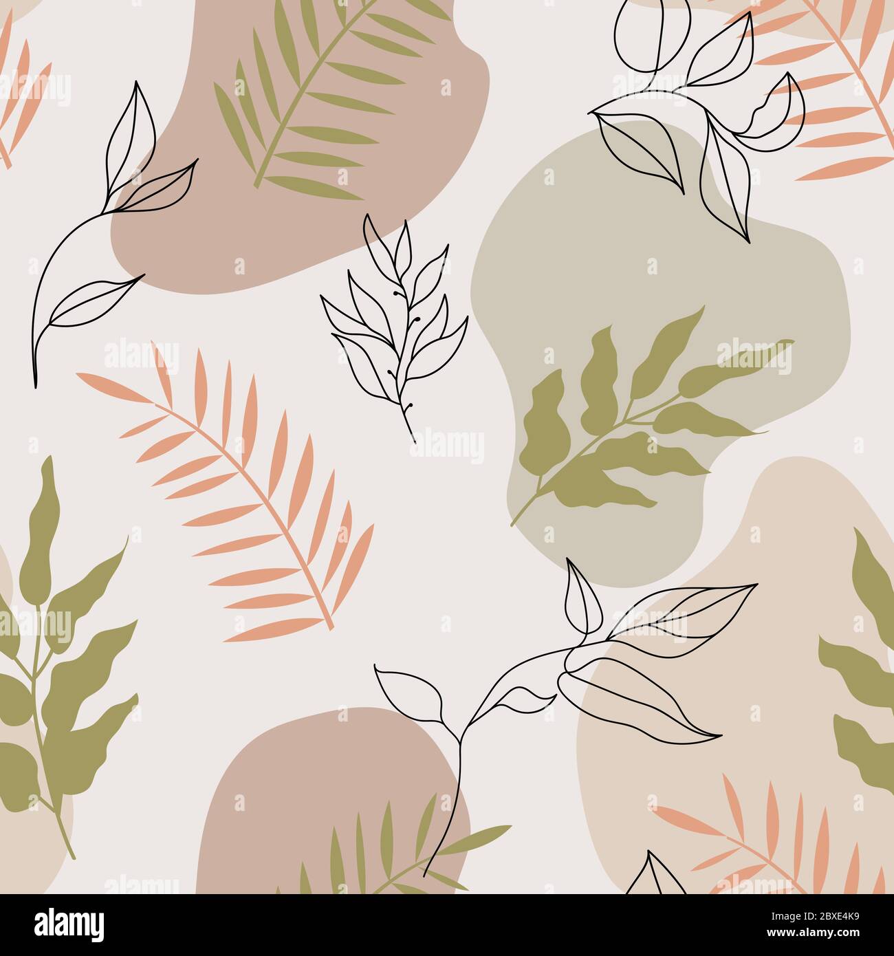 Delicate, pale seamless pattern with abstract geometric elements and plants. Beautiful print for bedding. Stock Vector