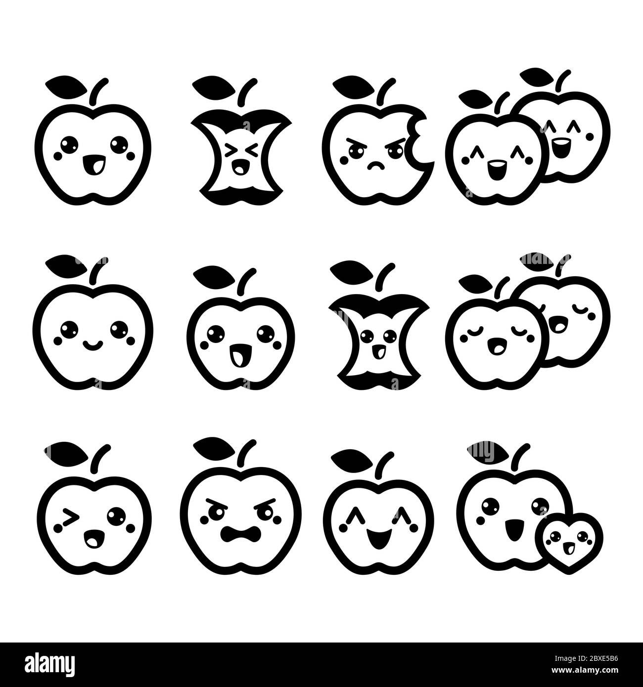 Cute Kawaii apple vector icon set - fruit, apples with faces design set Stock Vector