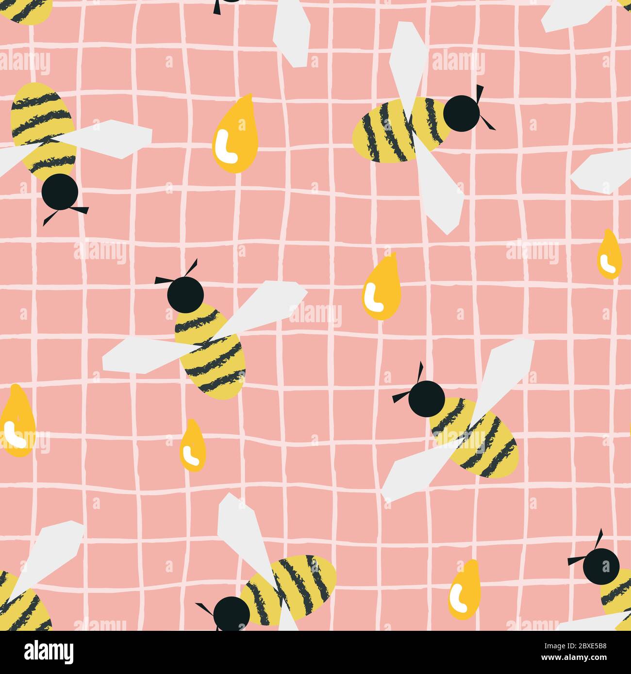 Cute Seamless pattern of gently pastel pink, with uneven pencil cage and with little bees on top. Flying bees, flap their wings, collect the current Stock Vector