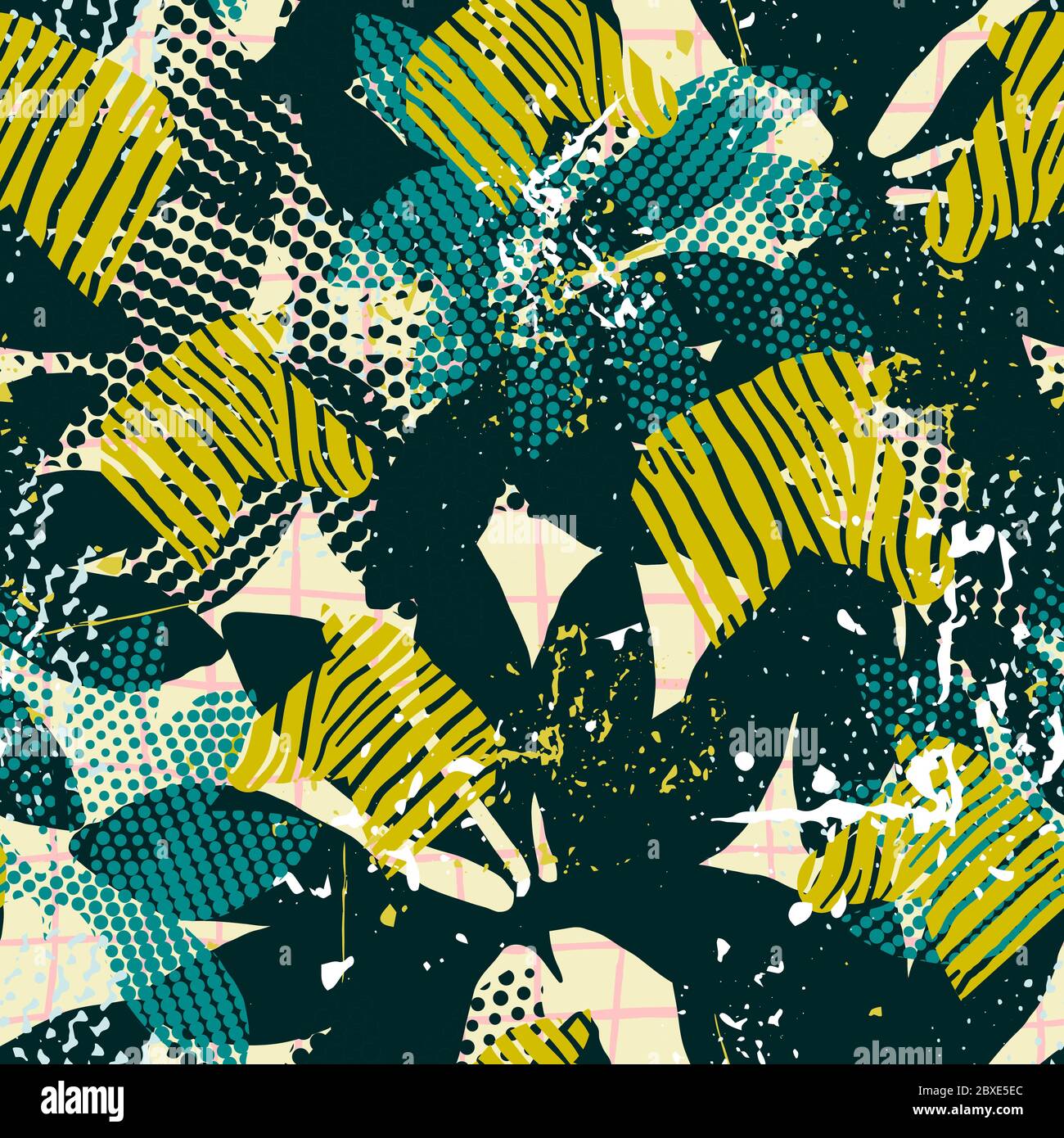 Dark seamless pattern with grunge texture, tropical leaves and zebra. Stock Vector
