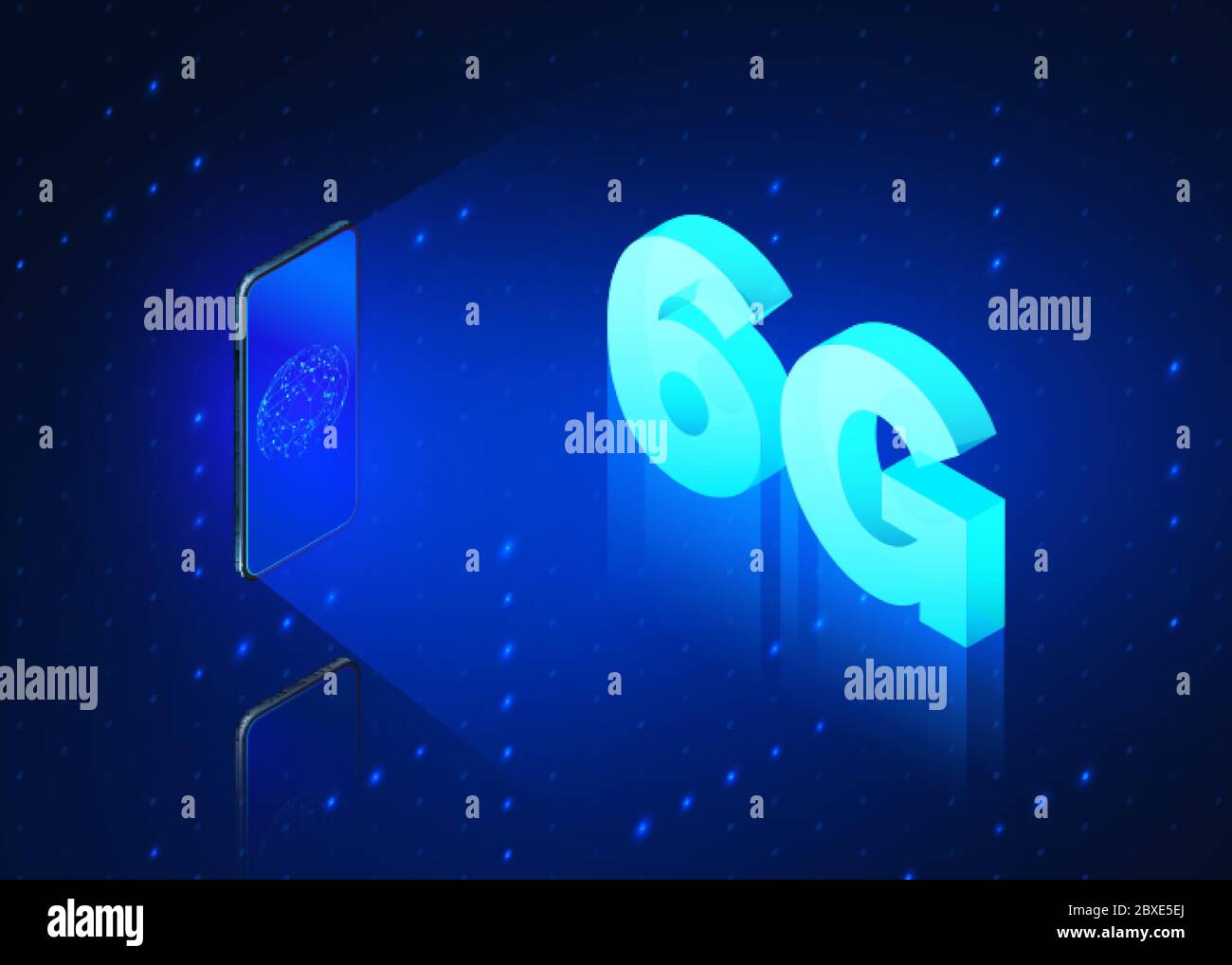 6g fast mobile networks. Mobile phone with global network on screen and hologram of wireless networks with text 6G isometric banner. Vector illustrati Stock Vector
