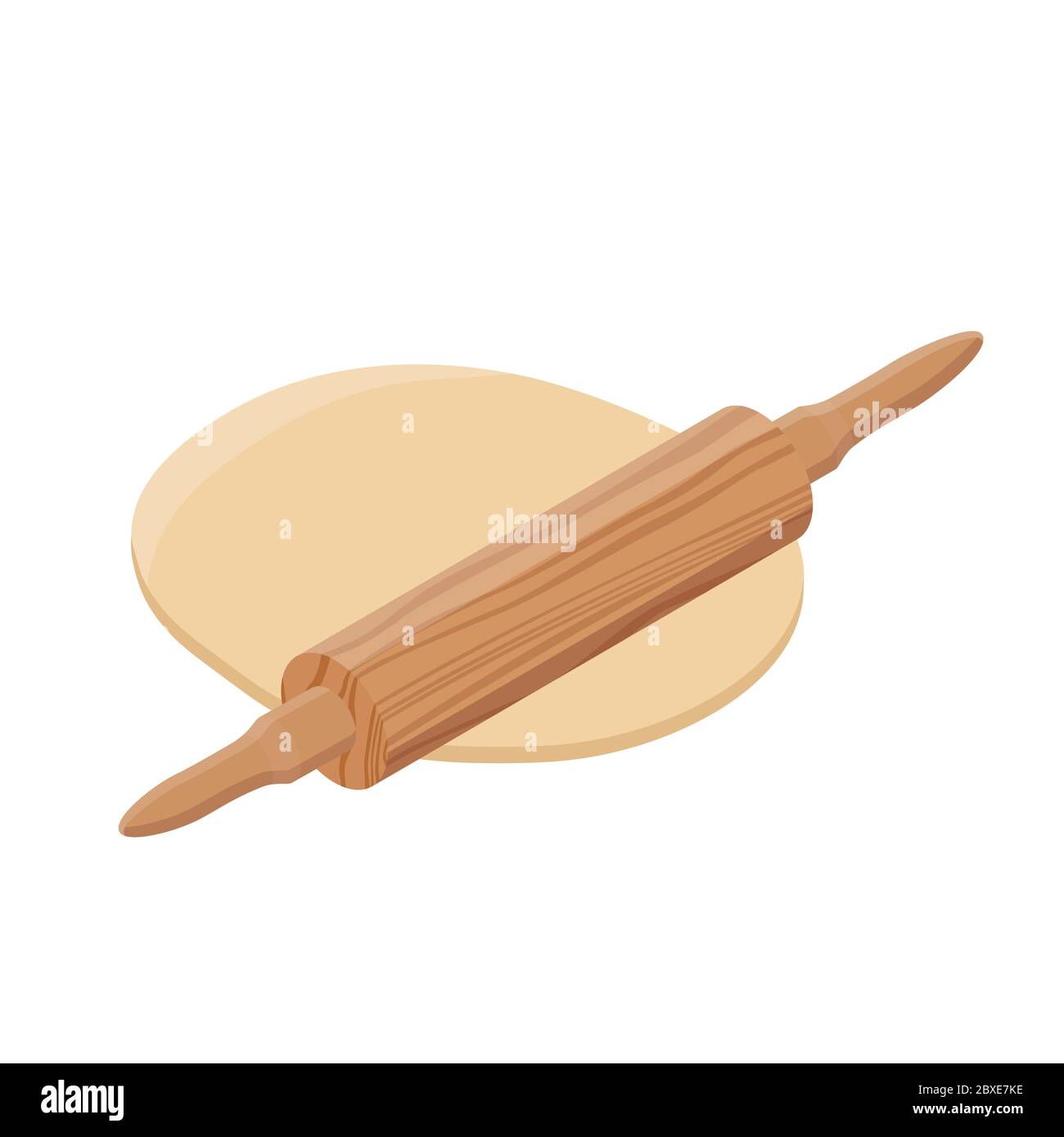 Dough, rolling pin and flour isometric view. Vector dough kneading with