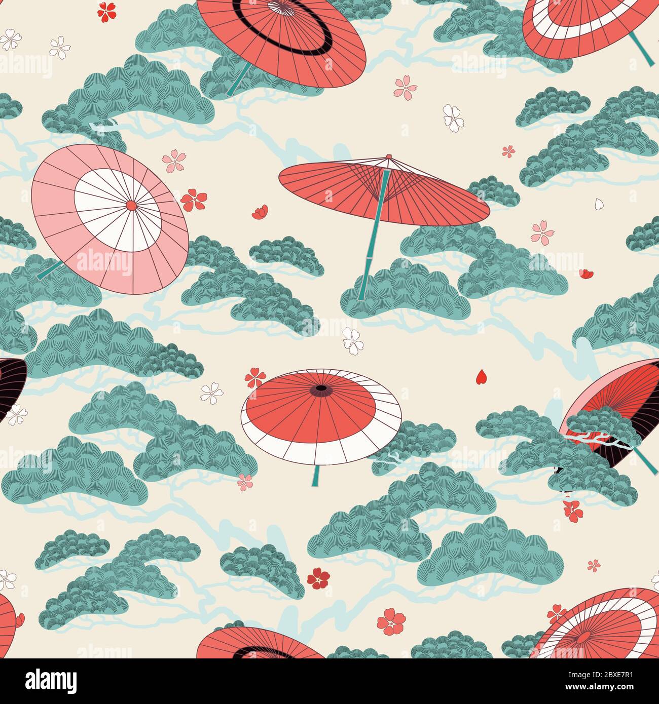 Oriental seamless pattern with japanese umbrellas and bonsai. Asian print, Chinese motifs, beautiful background. Stock Vector