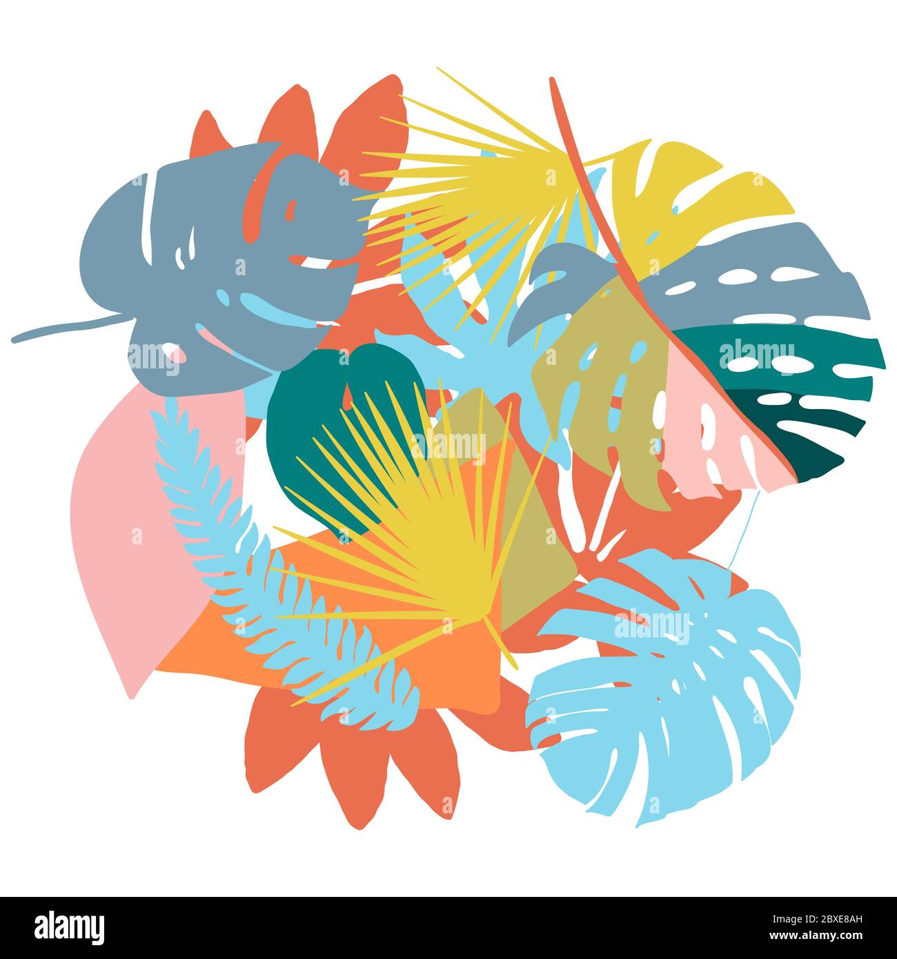 Bright and juicy background with abstract shapes, tropical leaves of ...