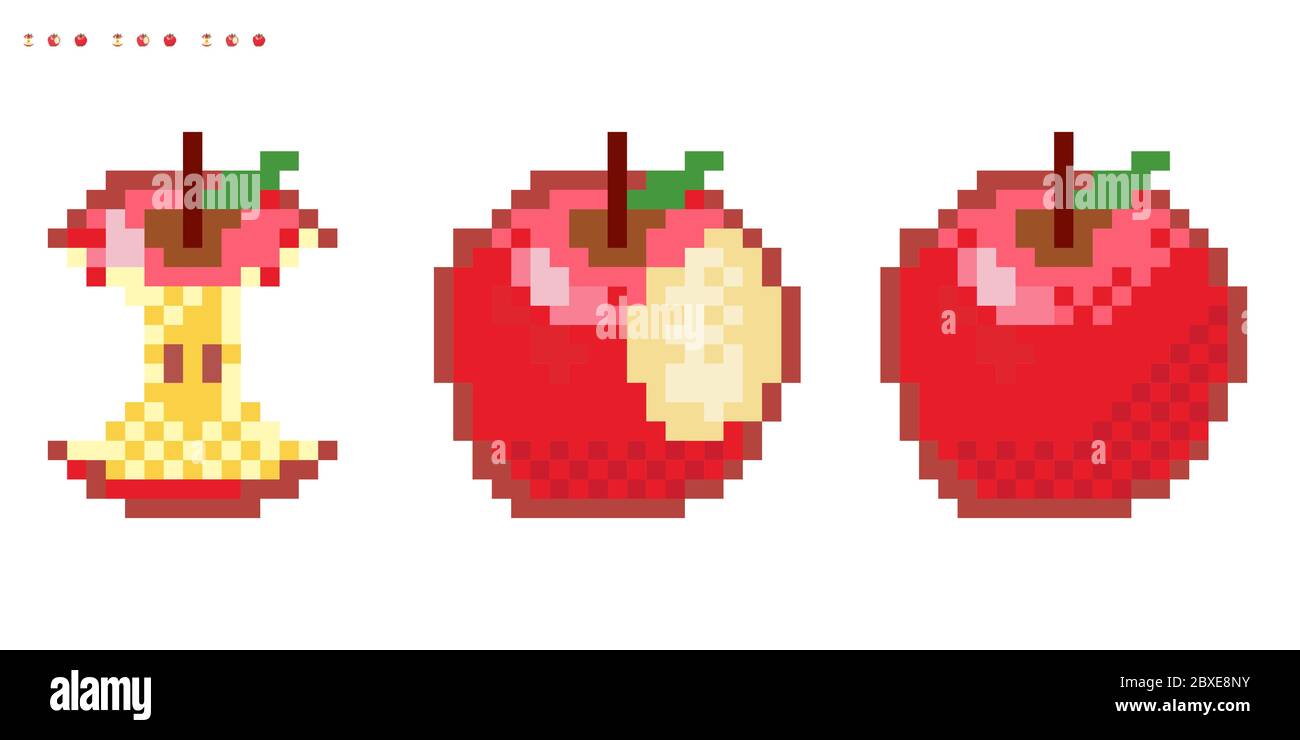 Set of minimalistic pixel art vector fruits isolated.game 8 bit style.symbols group collection. whole apple, bitten and stub Stock Vector