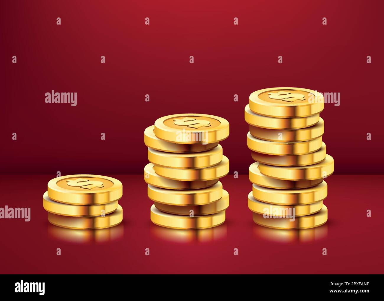 Growing stack of golden dollar coins isolated on white background