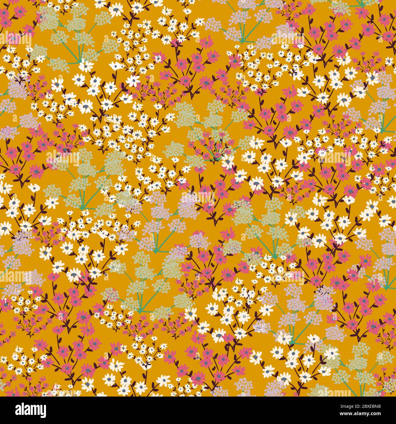 Seamless pattern with small, tiny wildflowers on an orange background. Stock Vector