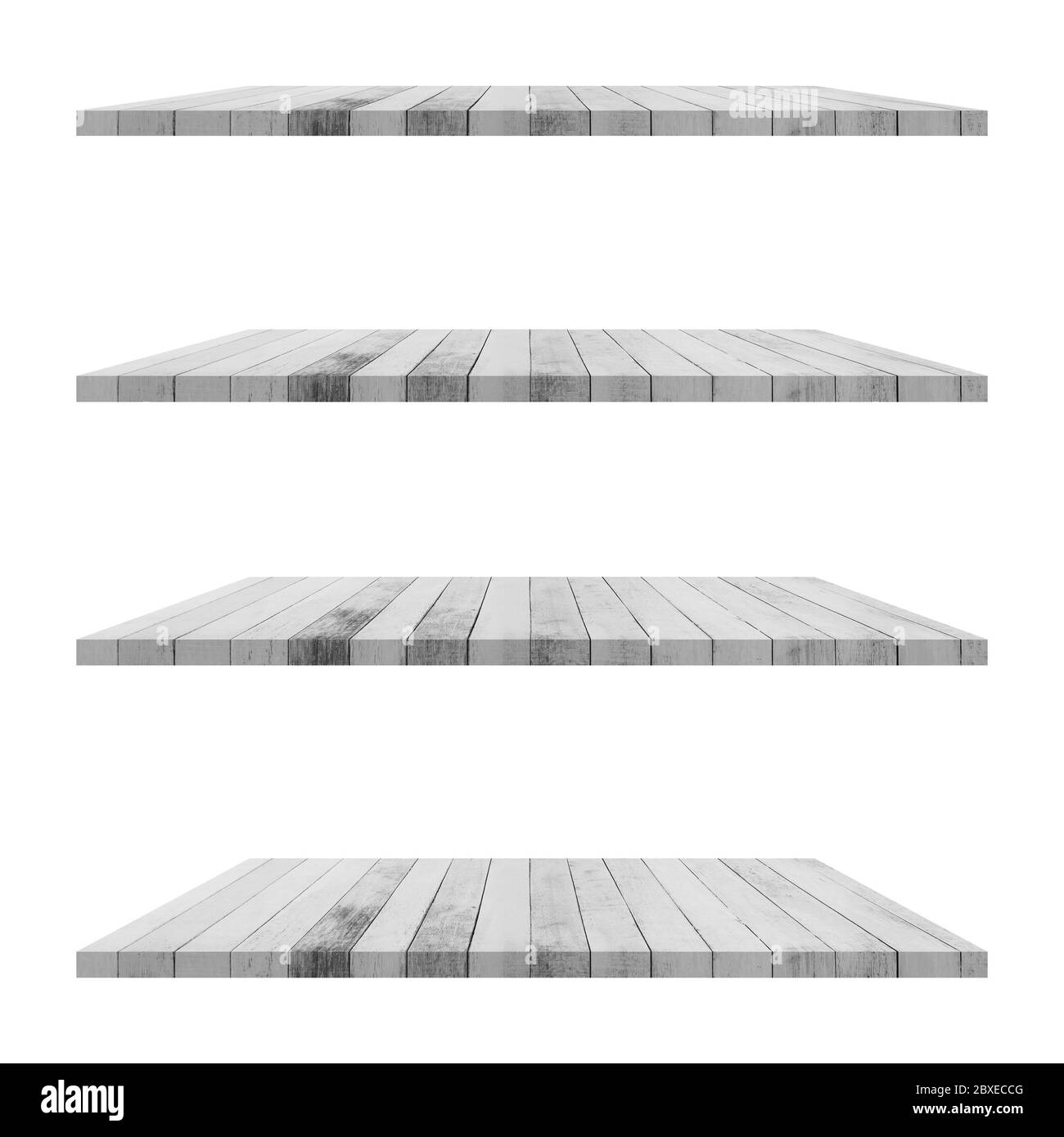 4 Wood shelves table isolated on white background and display montage for product. Stock Photo