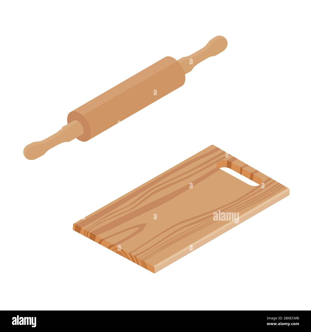 Handmade wooden cutting board and rolling pin isometric view isolated