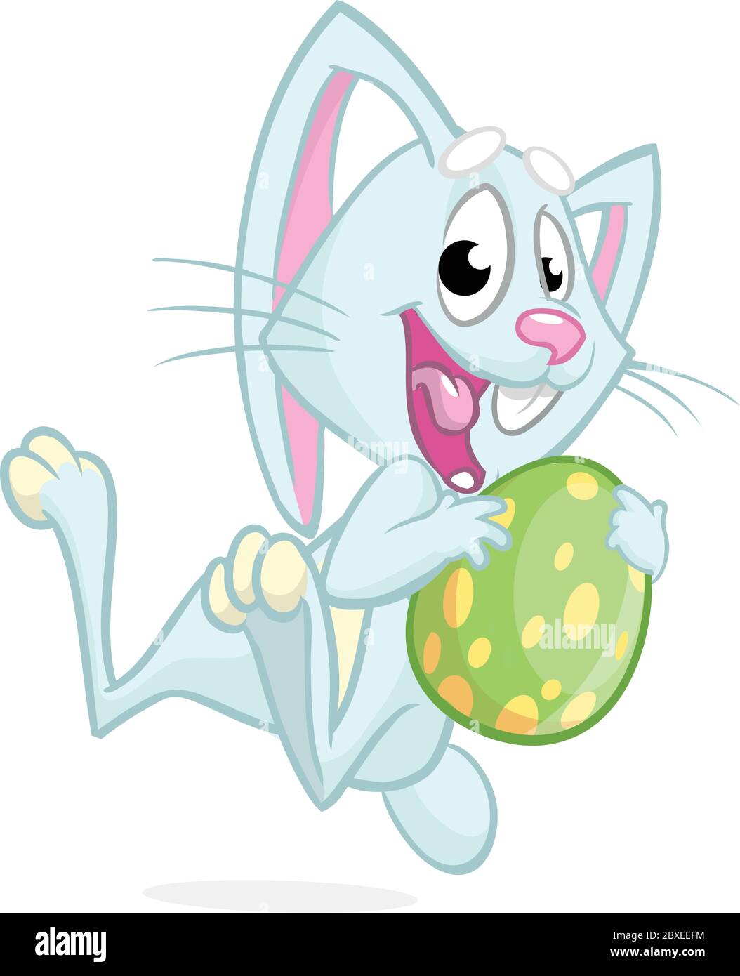 Easter bunny jumping with colored egg. Vector illustration of a blue