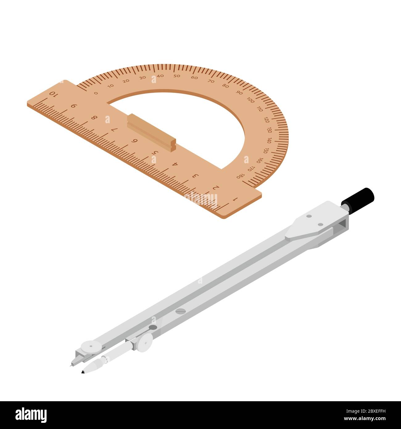 Wooden ruler protractor and drawing compass vector. Metric Imperial
