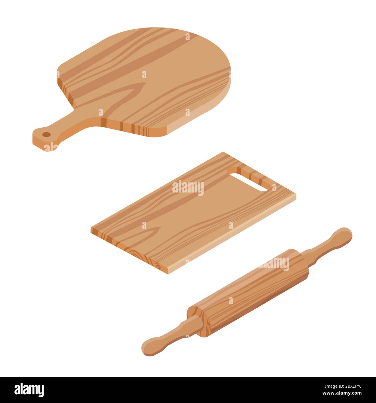 Handmade wooden cutting boards and rolling pin isometric view isolated