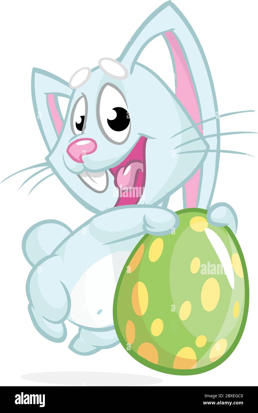 Easter blue bunny with easter colored egg. Vector illustration of a blue rabbit holding Easter colored egg Stock Vector