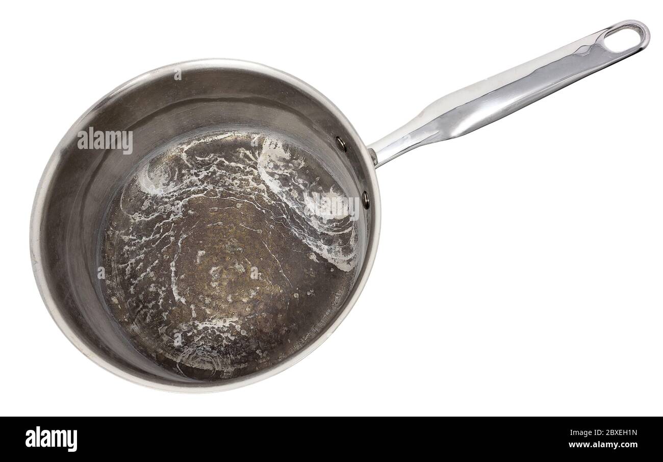 Ruined Sauce Pan from Burnt Mineral Deposit Pot of Water Boiled Dry Stock Photo