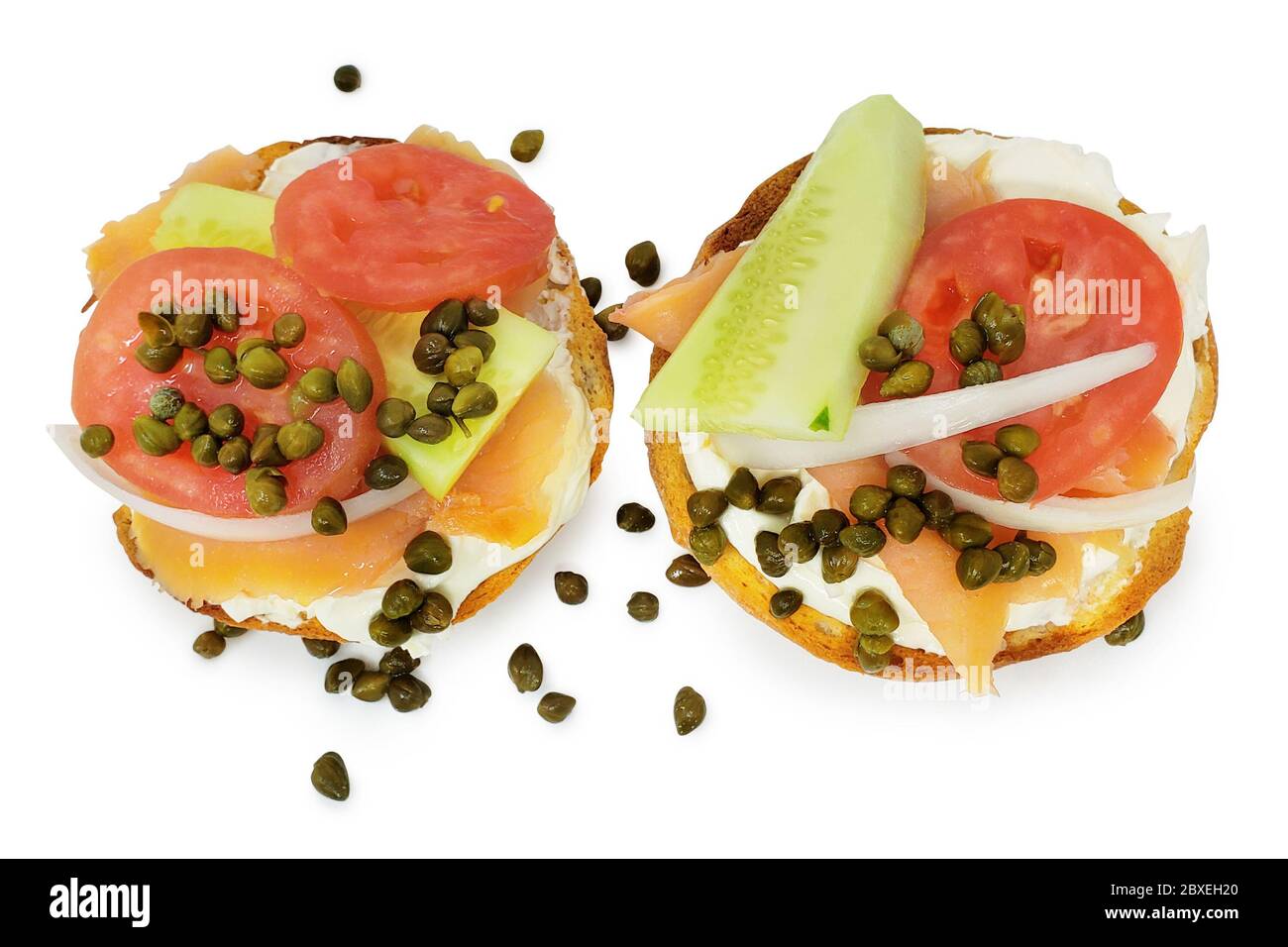 Bagel and Lox with Cream Cheese, Tomato, Onion, Cucumber, Capers with