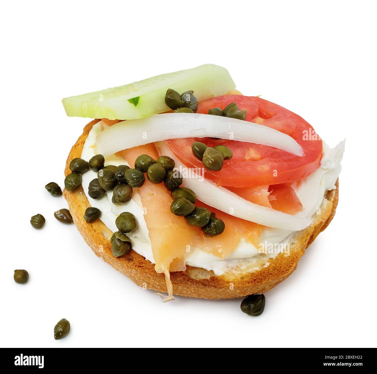 Bagel and Lox with Cream Cheese, Tomato, Onion, Cucumber, Capers with