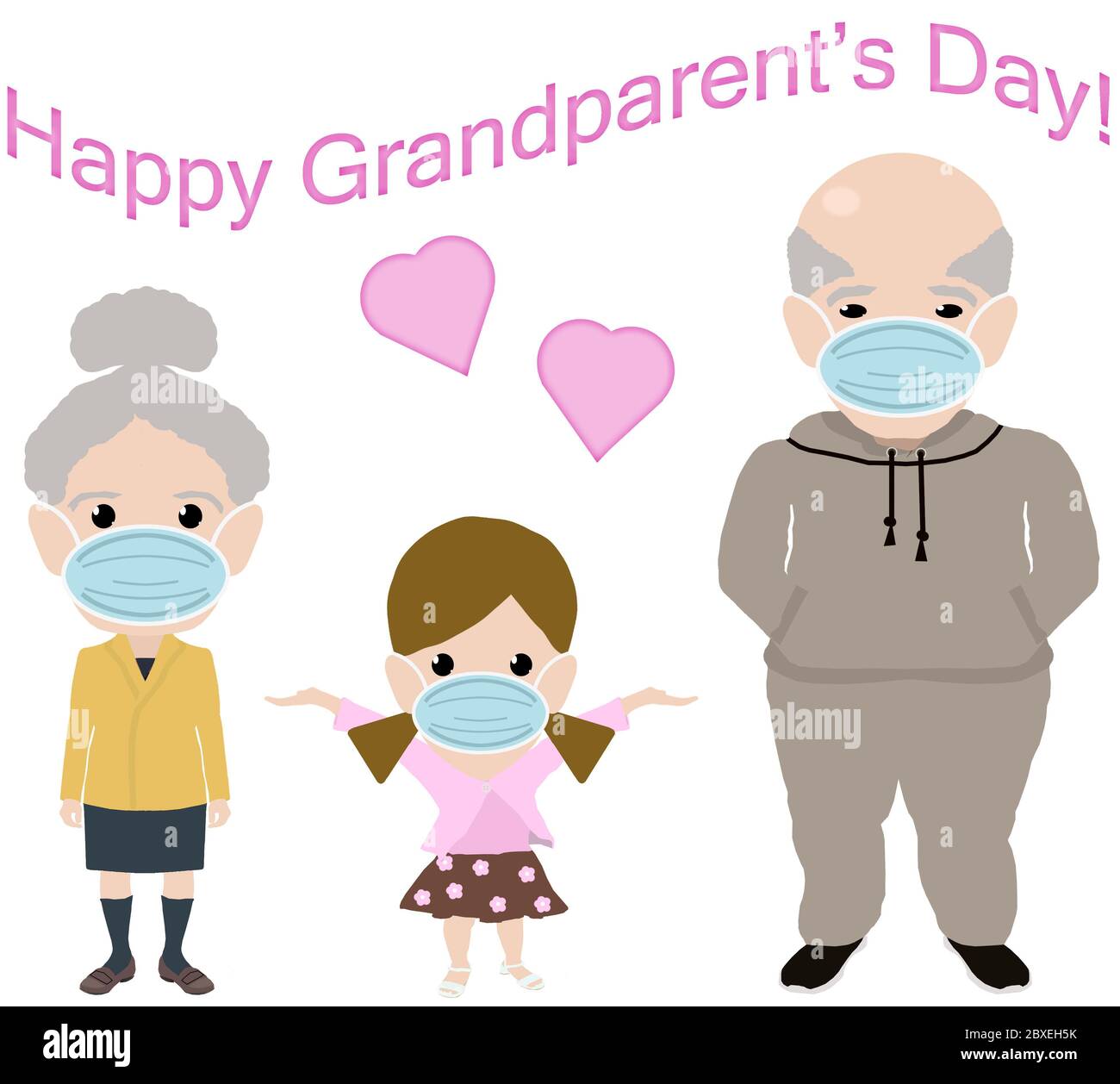 Grandparent's Day Family in Face Mask. Grandma, Grandpa, Grand Daughter. Stock Photo