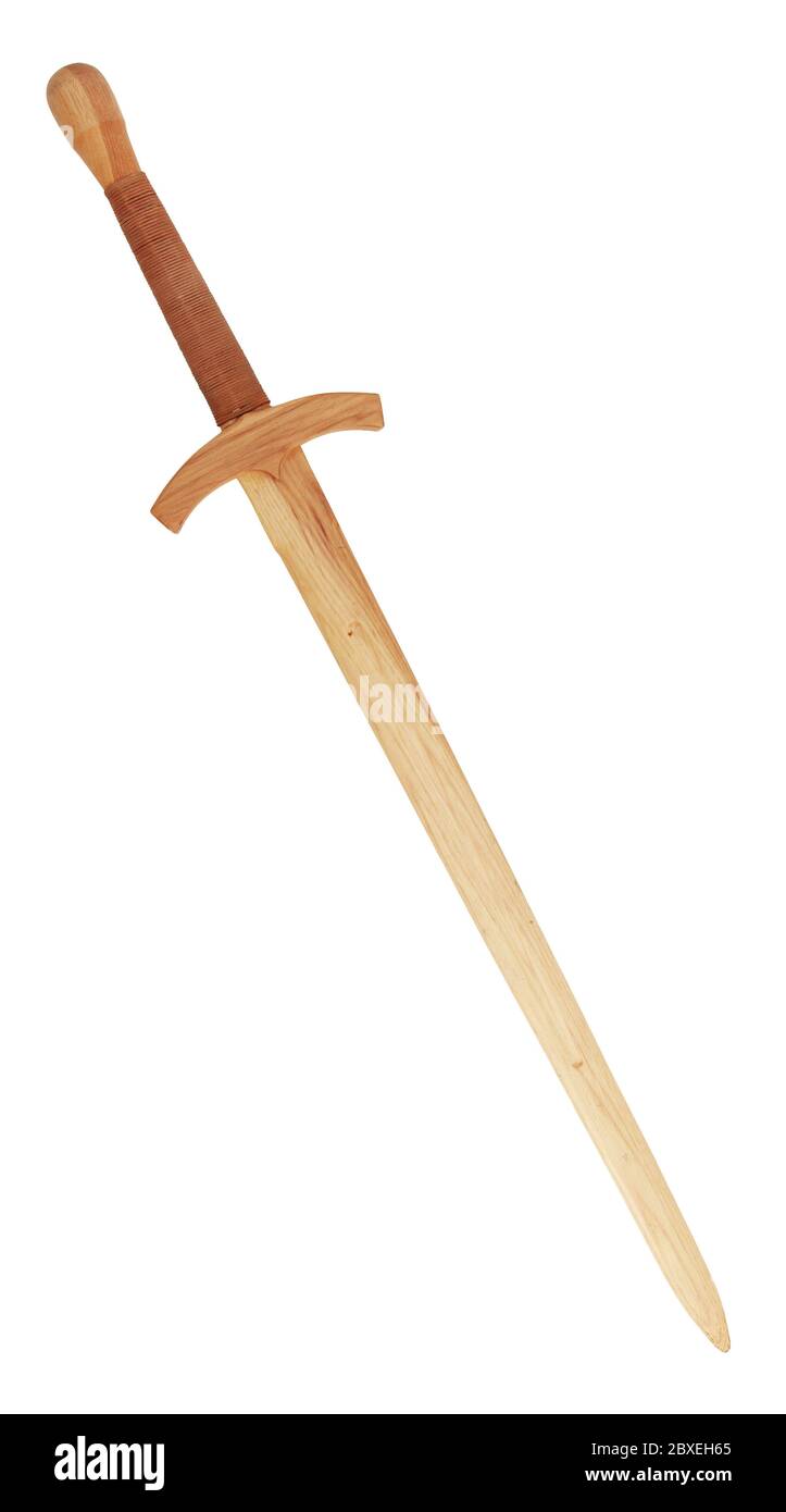 Wooden Great Sword Replica over white with Clipping Path Stock Photo