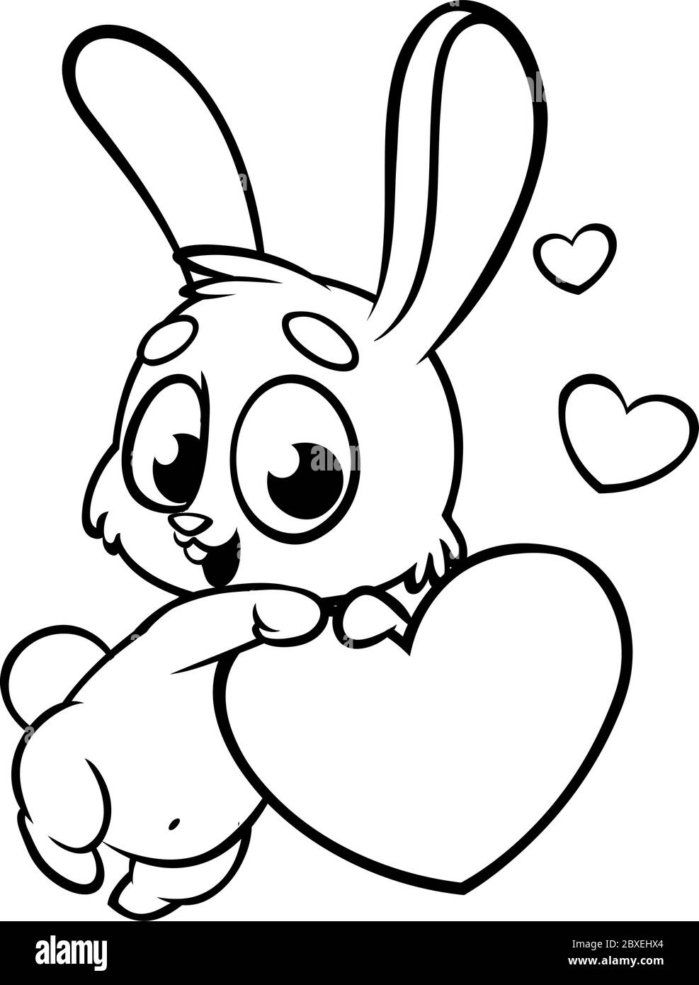 Funny cute outlined bunny with heart love vector cartoon. Coloring illustration can be used as print or card for St Valentines Day Stock Vector