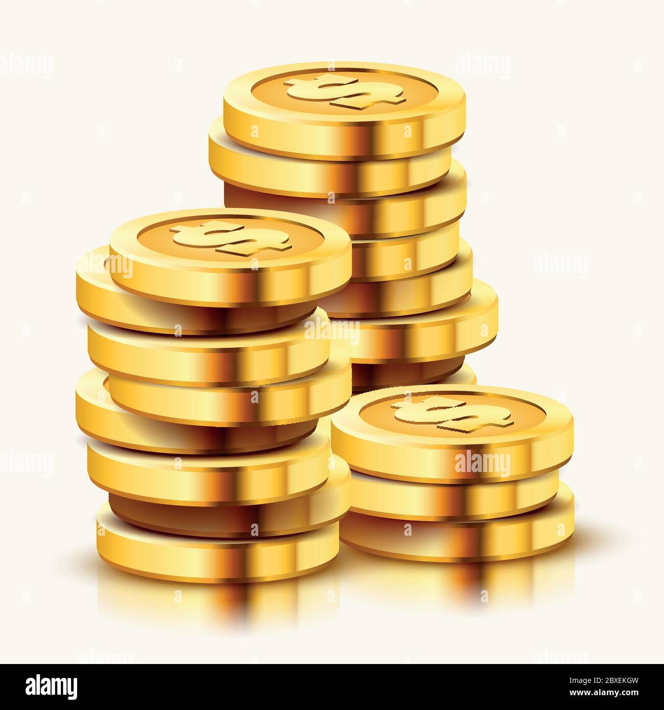 Growing stack of golden dollar coins isolated on white background ...