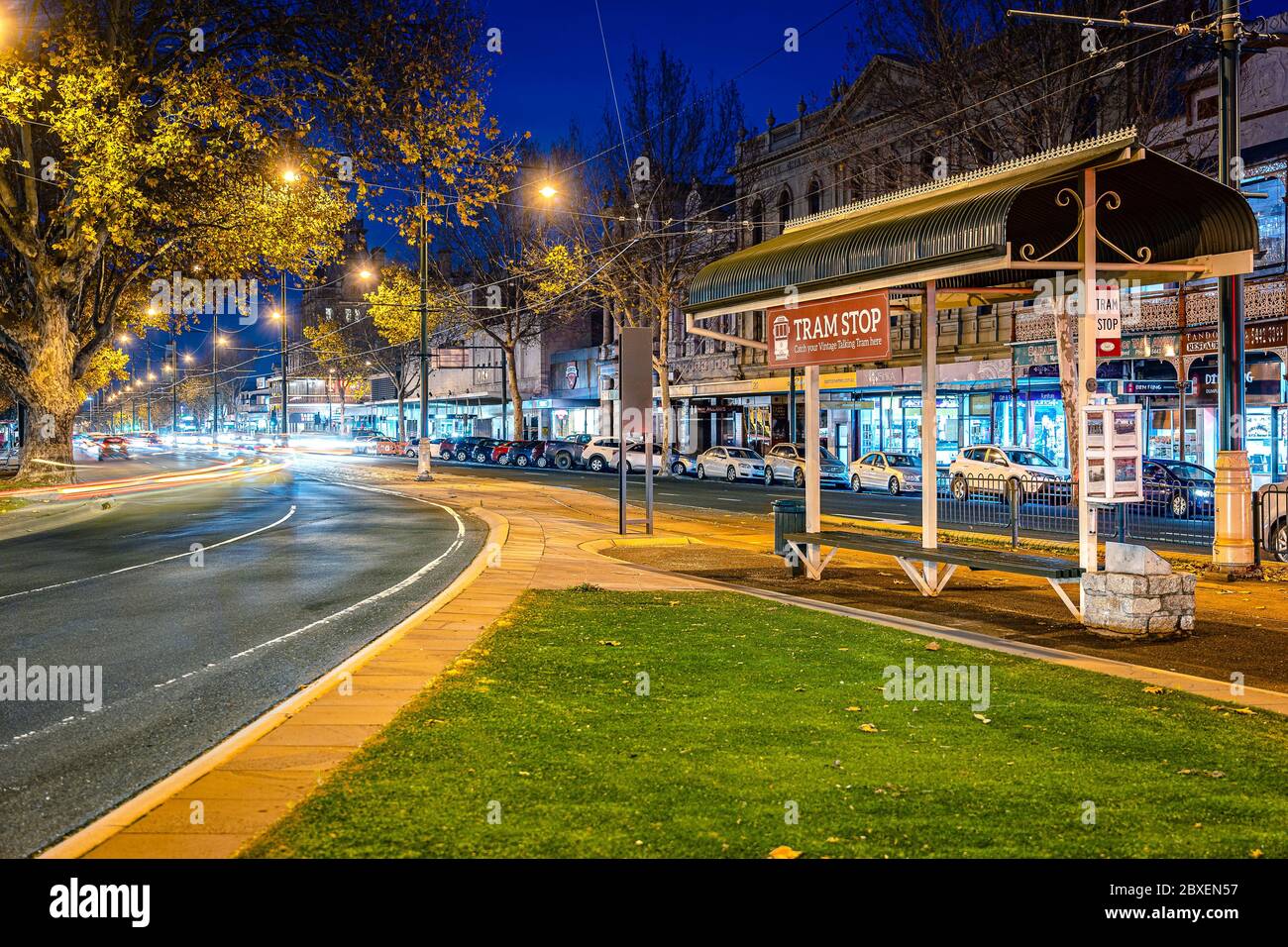 Bendigo, Victoria, Australia - Tram stop to board a vintage town tram Stock Photo