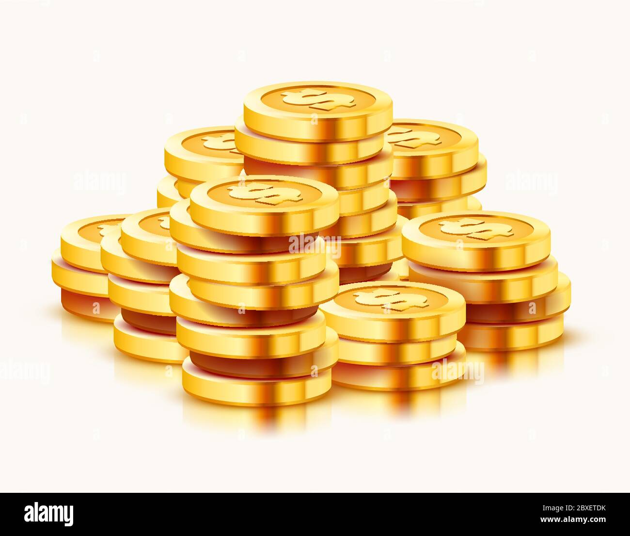 Growing stack of golden dollar coins isolated on white background ...