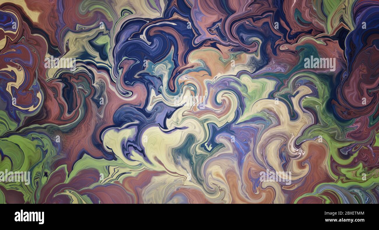 Abstract marbled background design in blue pink white and green colors, colorful painted fluid art design elements with swirls and liquid paint patter Stock Photo