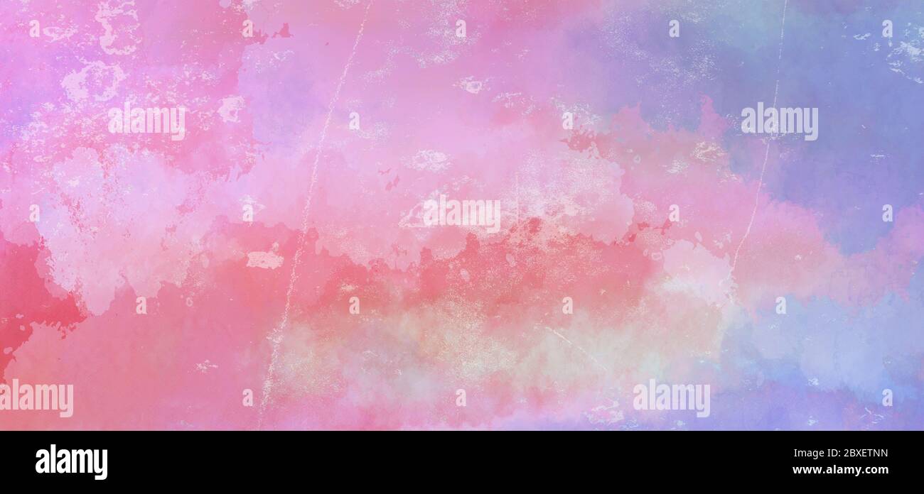 Pink and blue watercolor background with faded distressed white grunge texture in abstract sunrise or sunset sky painting Stock Photo