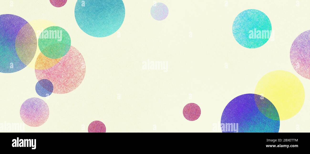 Abstract modern art background style design with circles and spots in colorful pink, blue, yellow, red, green, and purple on light beige or white back Stock Photo
