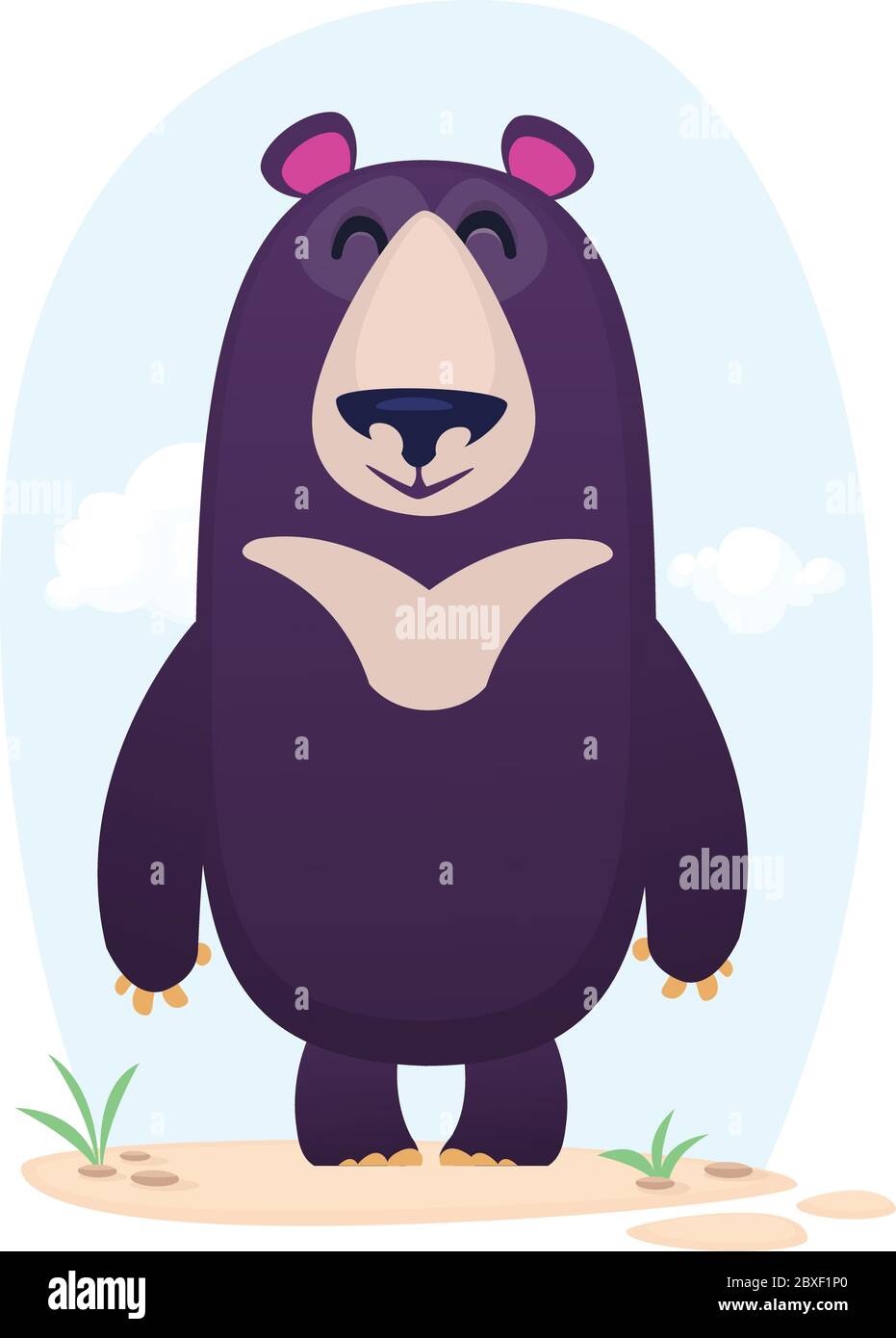 Cartoon happy bear stand on a tree stump. Vector illustration isolated ...