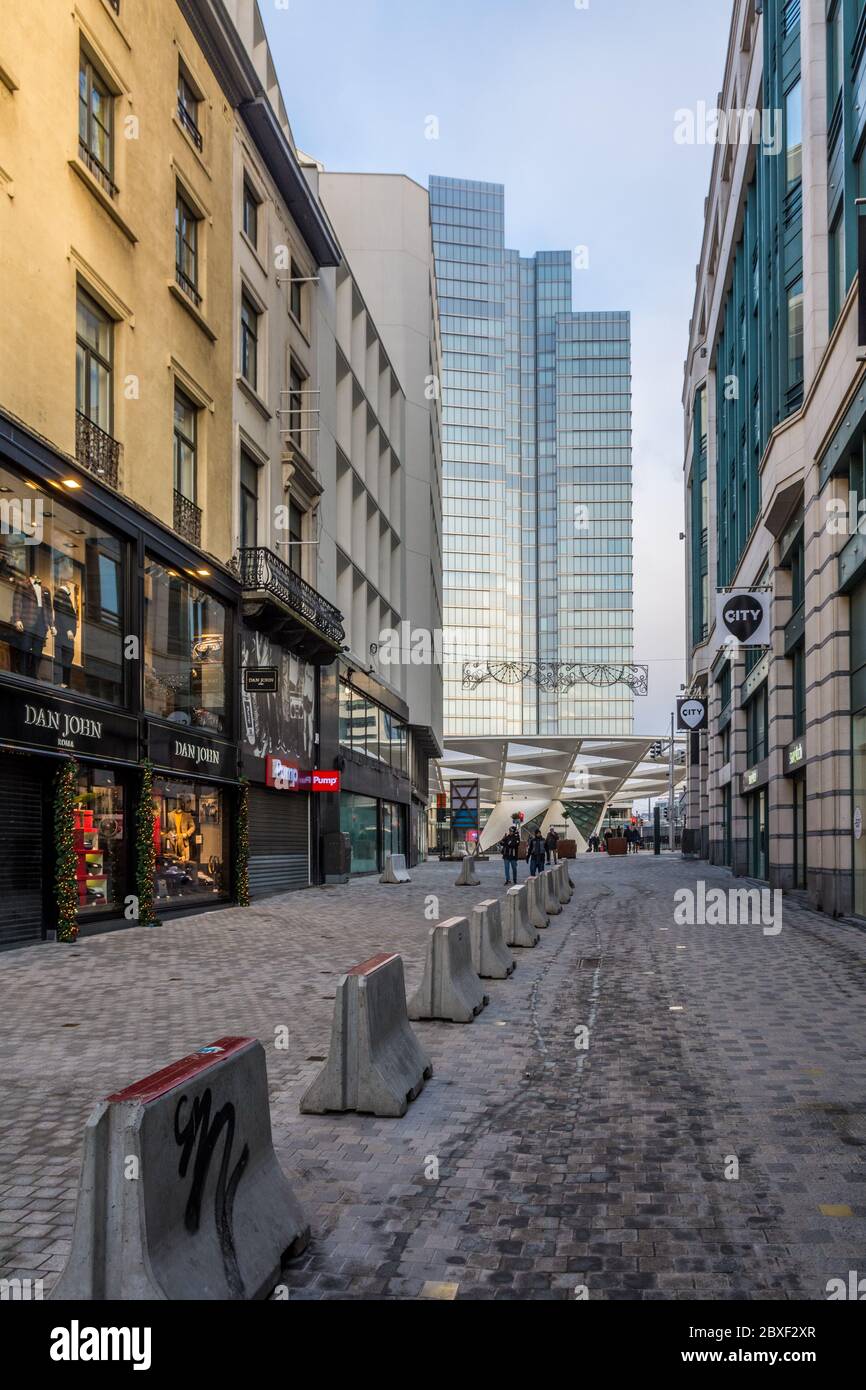 Concrete barriers for counterterrorism in  Brussels  on Rue Neuve (the main shopping street) in the centre of the Brussels city Belgium, january 1, 20 Stock Photo