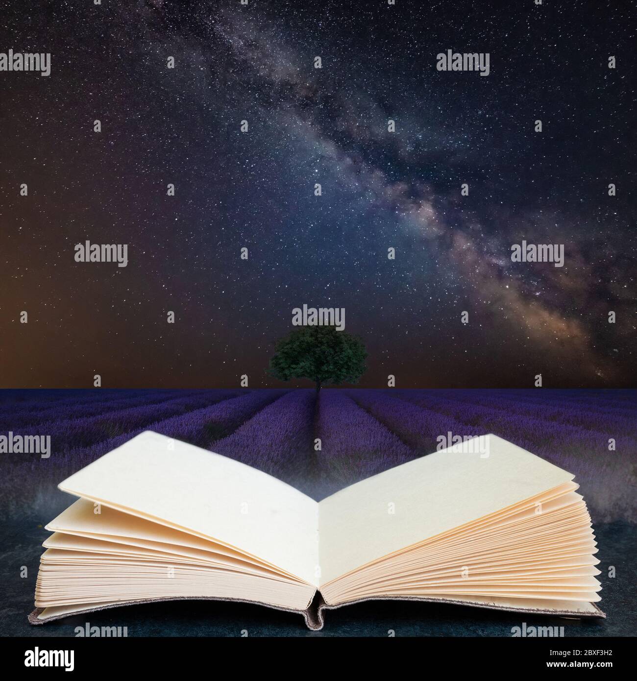 Digital composite concept image of open book wth Stunning vibrant Milky ...