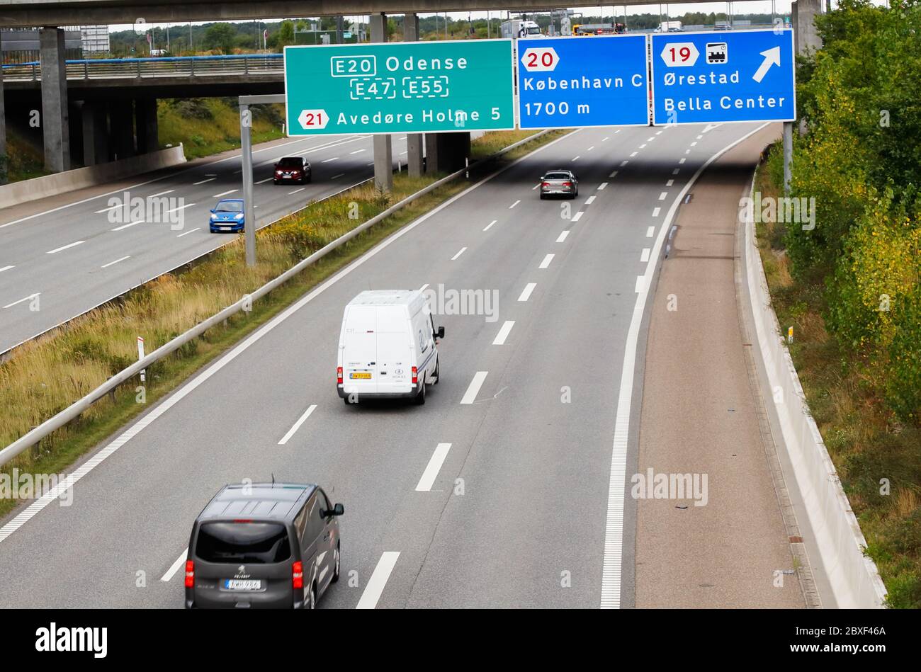 Copenhagen, Denmark - September 4, 2019: Exits on the freeway E20 at Orestad. Stock Photo