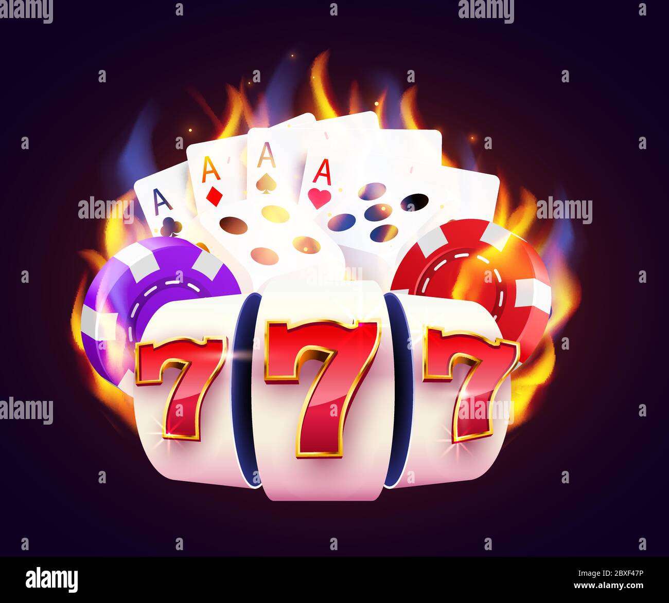 Burning slot machine, dices, poker cards wins wins the jackpot. Fire casino concept. Hot 777. Vector illustration Stock Vector