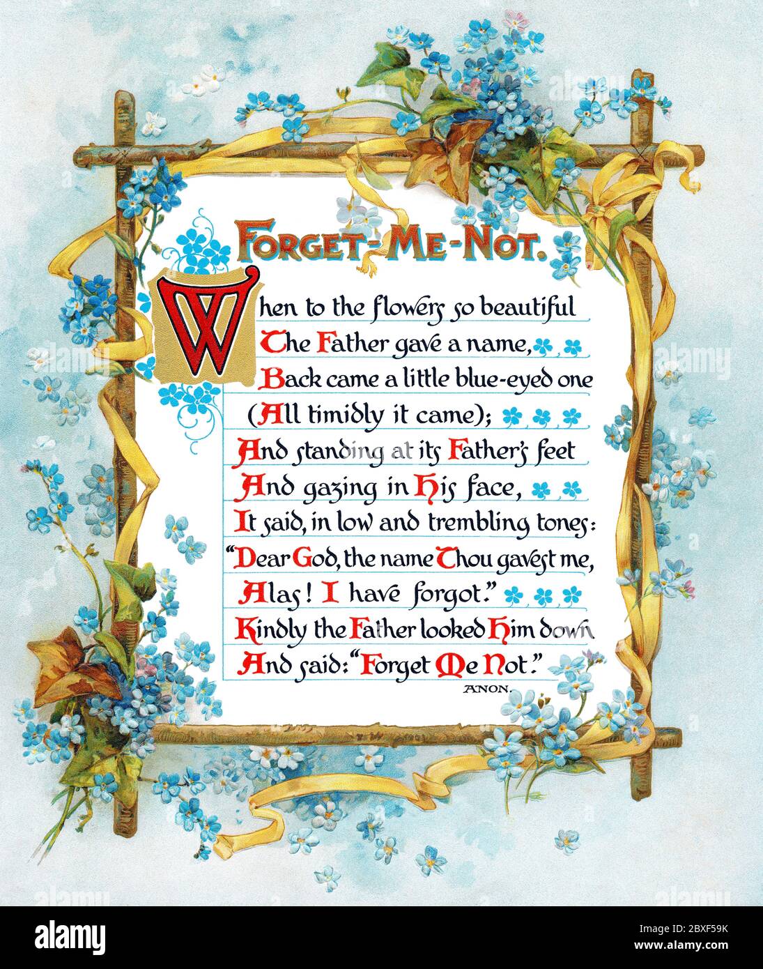 Victorian greeting card with Forget-Me-Nots. Stock Photo