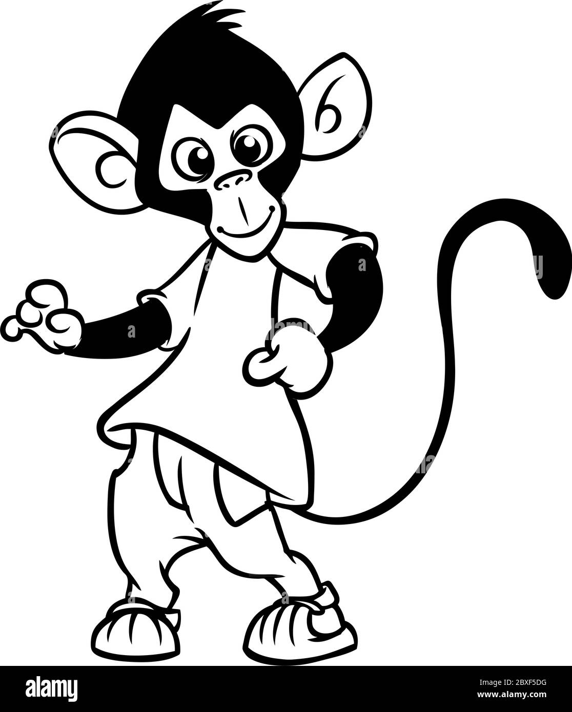 Cartoon monkey chimpanzee dancing. Vector illustration outlined. Design for coloring book Stock Vector