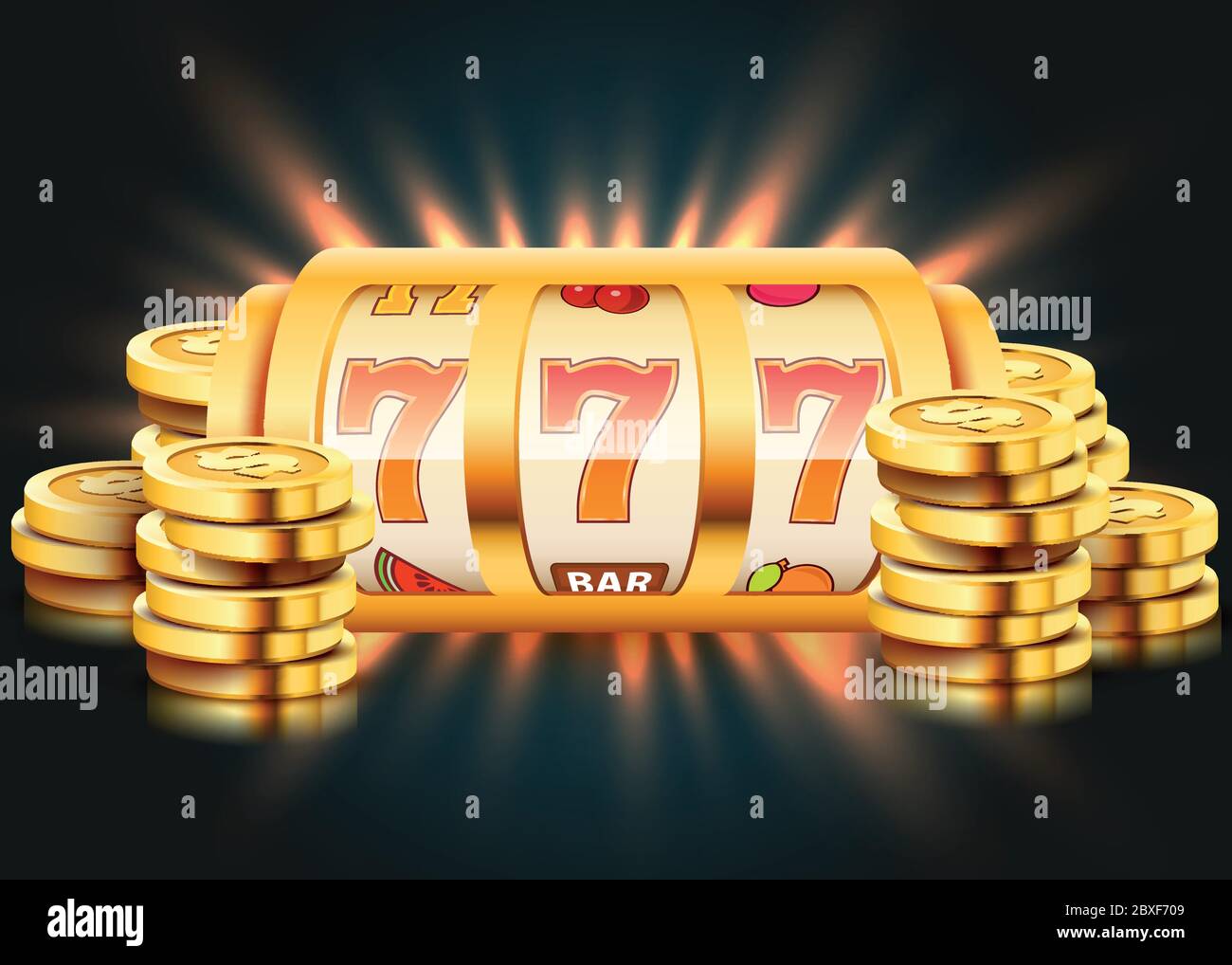 Golden slot machine with flying golden coins wins the jackpot. Big win ...