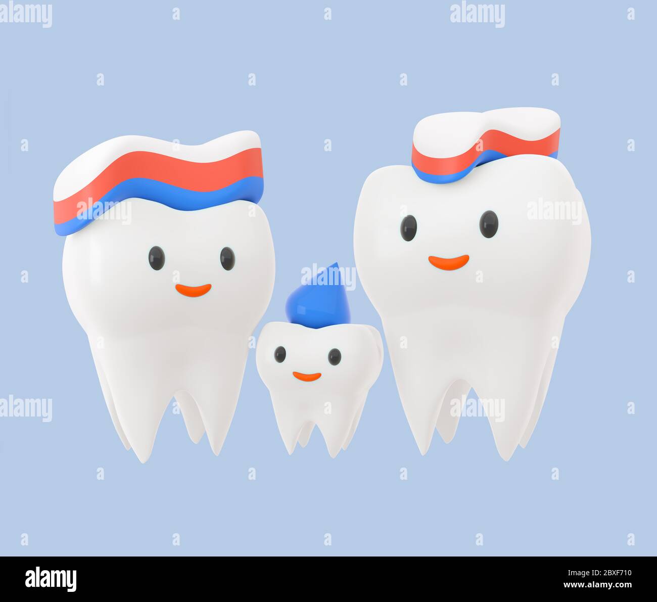 Cute happy smiling family of teeth with toothpaste hairstyle. Clear tooth concept. Brushing